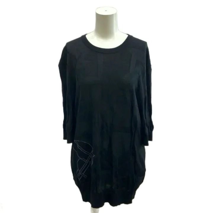 Hermes Three Quarter Sleeve Knit Top Jacquard Pattern Wool L Black Sweater