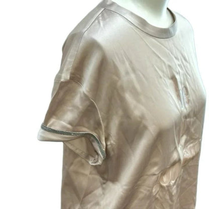 Brunello Cucinelli Top Blouse Silk Blend Pink Logo Short Sleeve NP XS — view 4