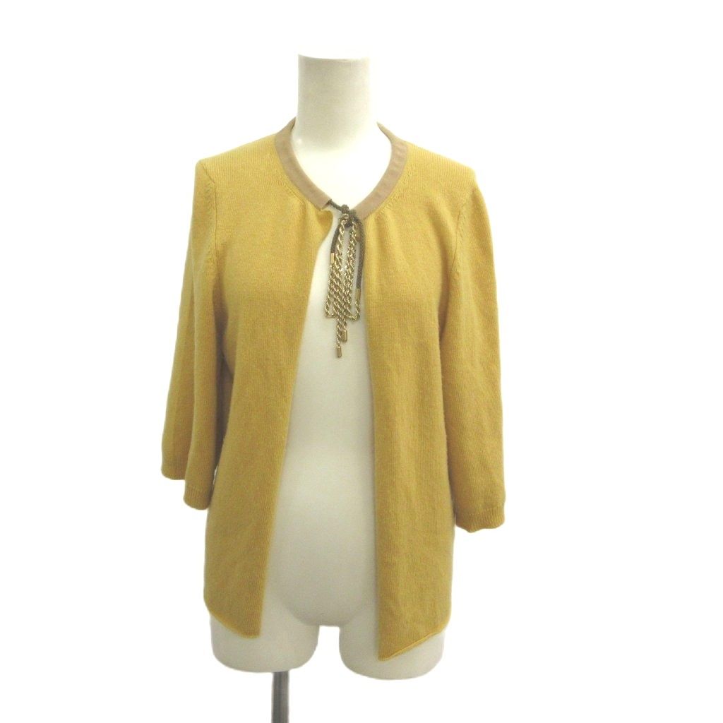 Chanel Knit Cardigan Cashmere Yellow Mustard Collarless Three Quarter Sleeve 36