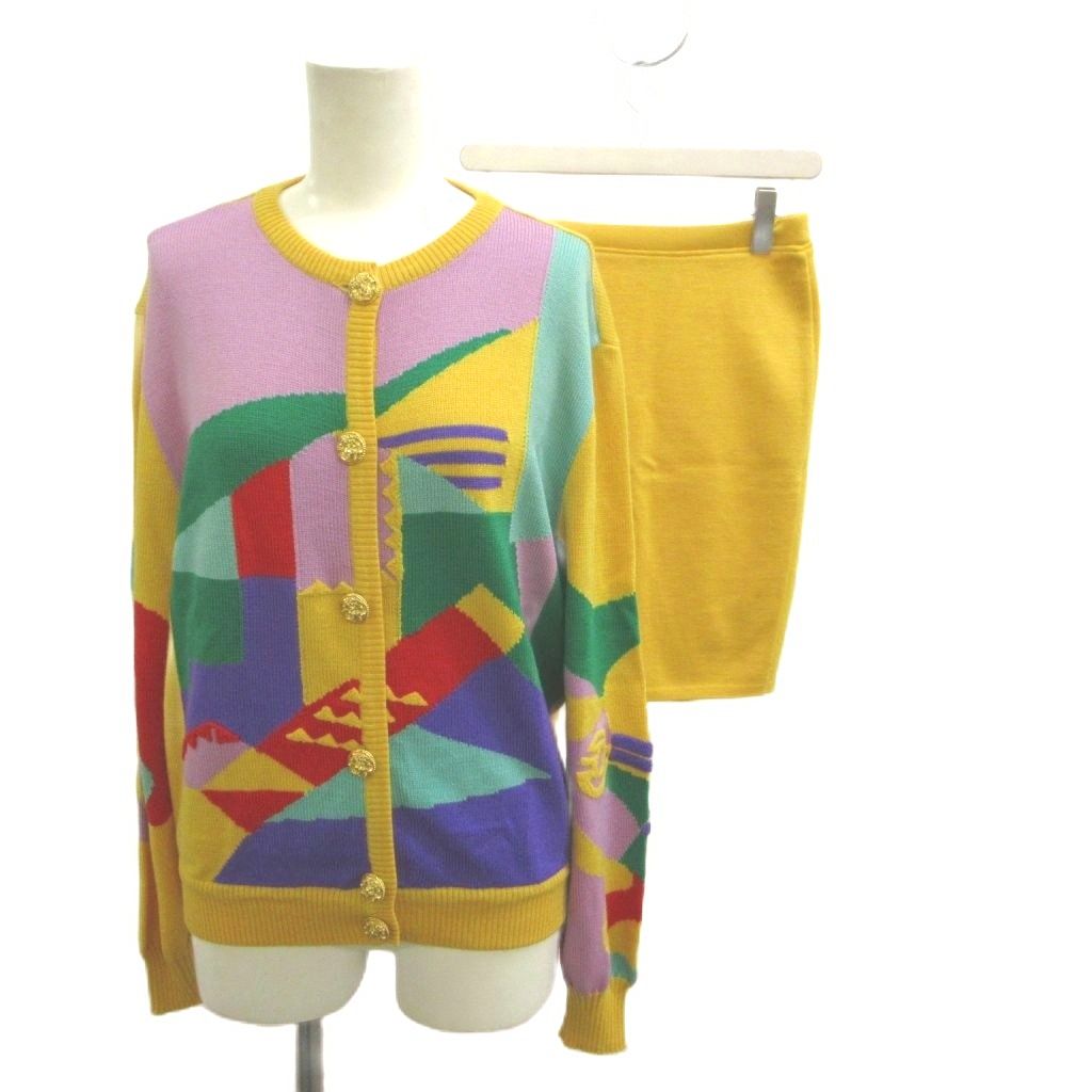 Versace Gianni Set Knit Cardigan Pencil Skirt Wool Yellow Green Medusa Color 42