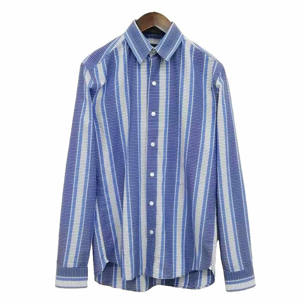 Louis Vuitton Bp6 9 Striped Shirt Dress LV Logo Embroidery Navy Blue XS