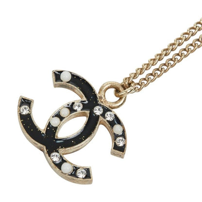 Chanel CC Logo Chain Pendant 07 Black Gold Plated Faux Pearl Rhinestone