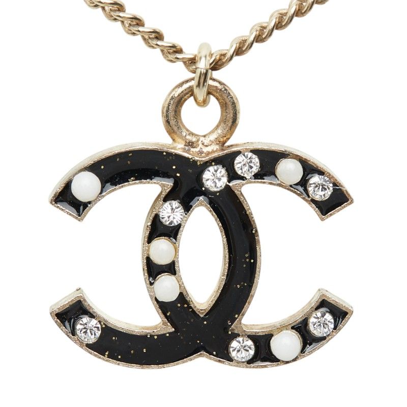 Chanel CC Logo Chain Pendant 07 Black Gold Plated Faux Pearl Rhinestone — view 2