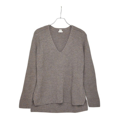 Hermes Shoulder Padded V-neck Rib Knit Sweater Gray Beige Wool