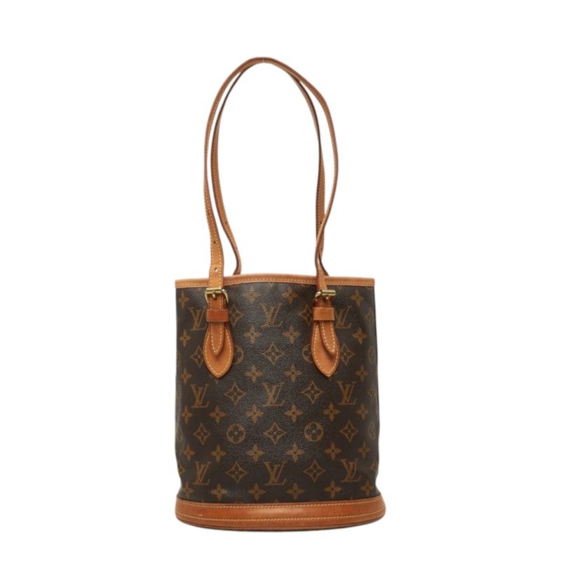 Louis Vuitton Monogram Petite Bucket PM Tote Shoulder Bag Brown Leather