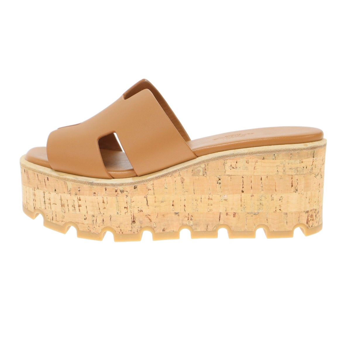 Hermes Eze Platform Cork Sole Leather Sandals Brown — view 2