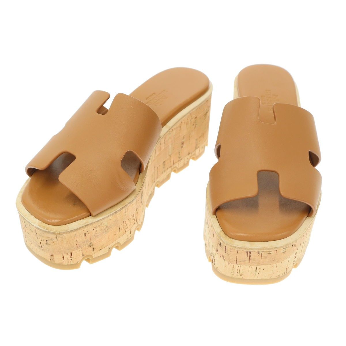 Hermes Eze Platform Cork Sole Leather Sandals Brown