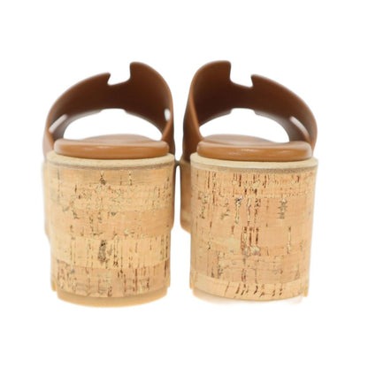 Hermes Eze Platform Cork Sole Leather Sandals Brown — view 3
