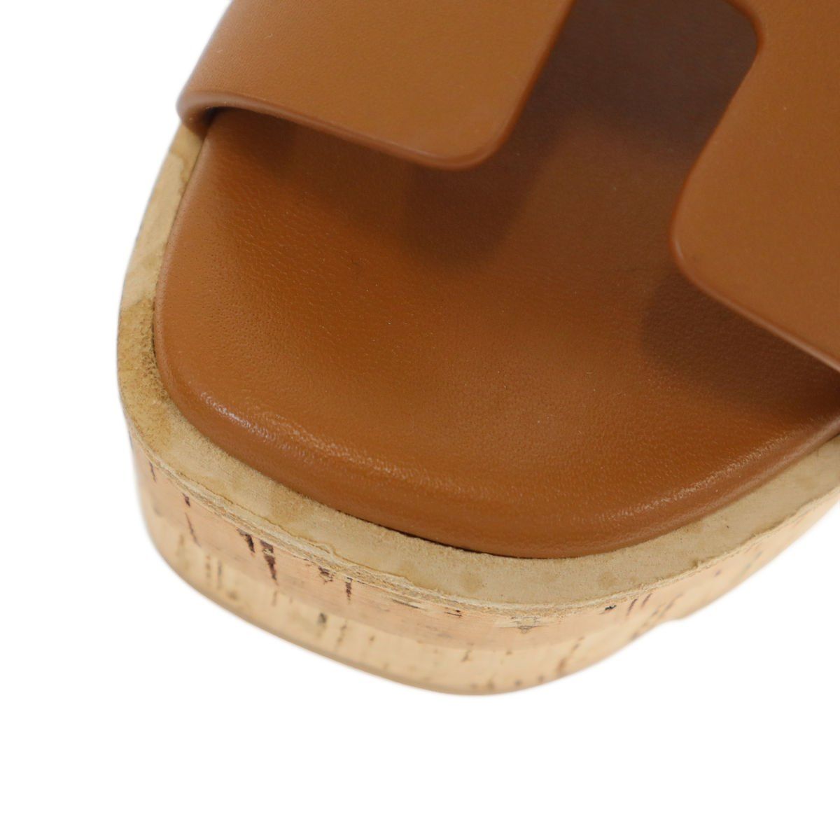 Hermes Eze Platform Cork Sole Leather Sandals Brown — view 7