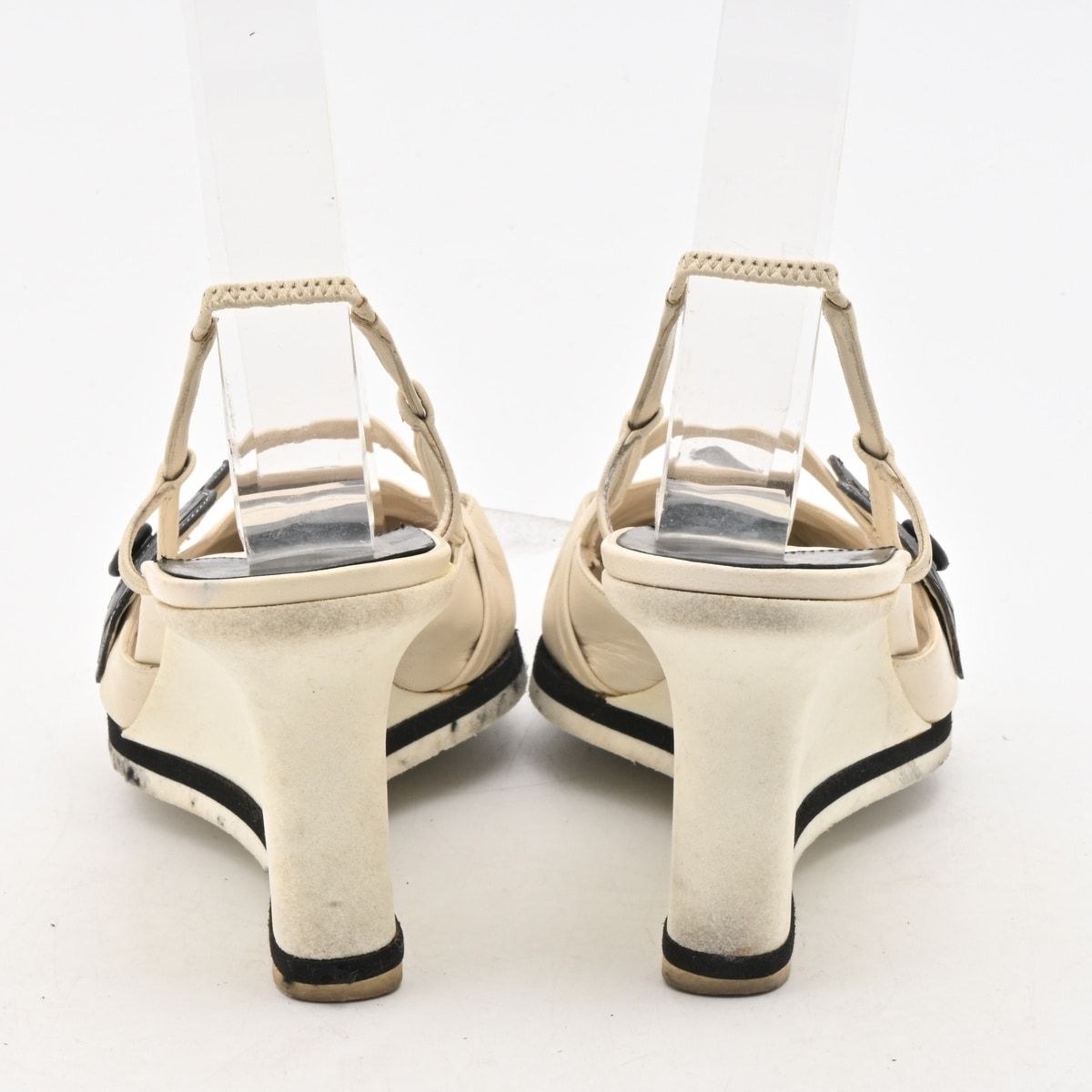 Chanel Sandals Ivory Black Camellia Wedge Sole Leather — view 3