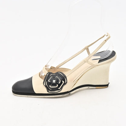 Chanel Sandals Ivory Black Camellia Wedge Sole Leather
