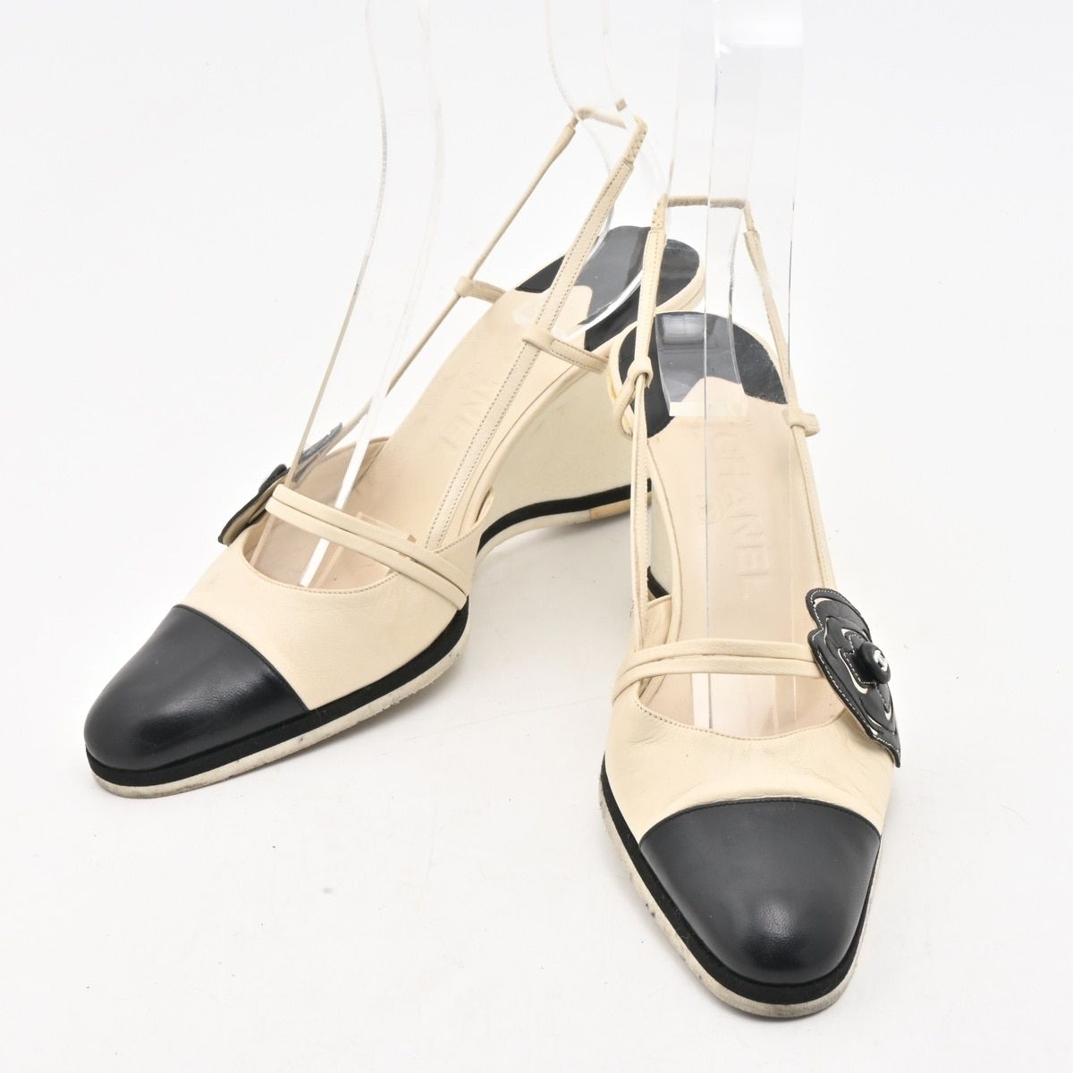 Chanel Sandals Ivory Black Camellia Wedge Sole Leather — view 2