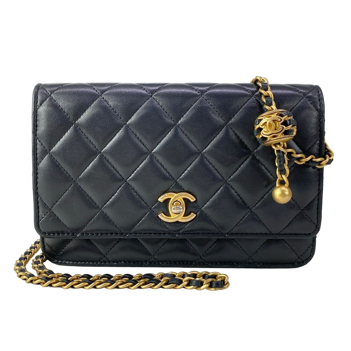 Chanel Wallet Quilted Black Chain Gold Coco Ball Lambskin