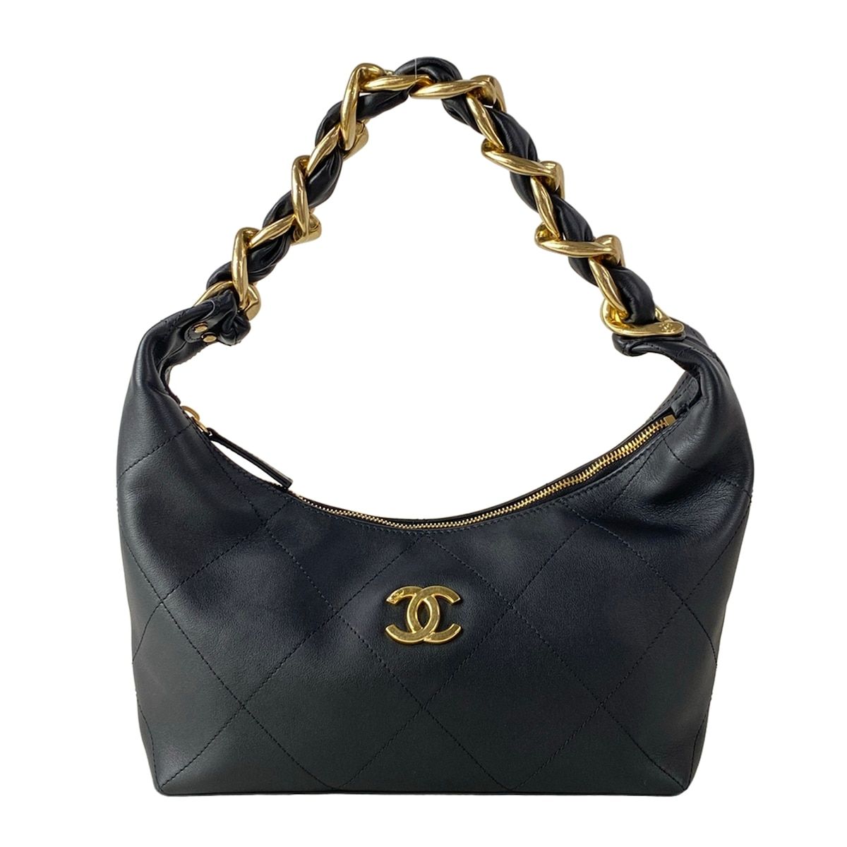 Chanel Handbag Quilted Hobo Black Gold Metal Leather