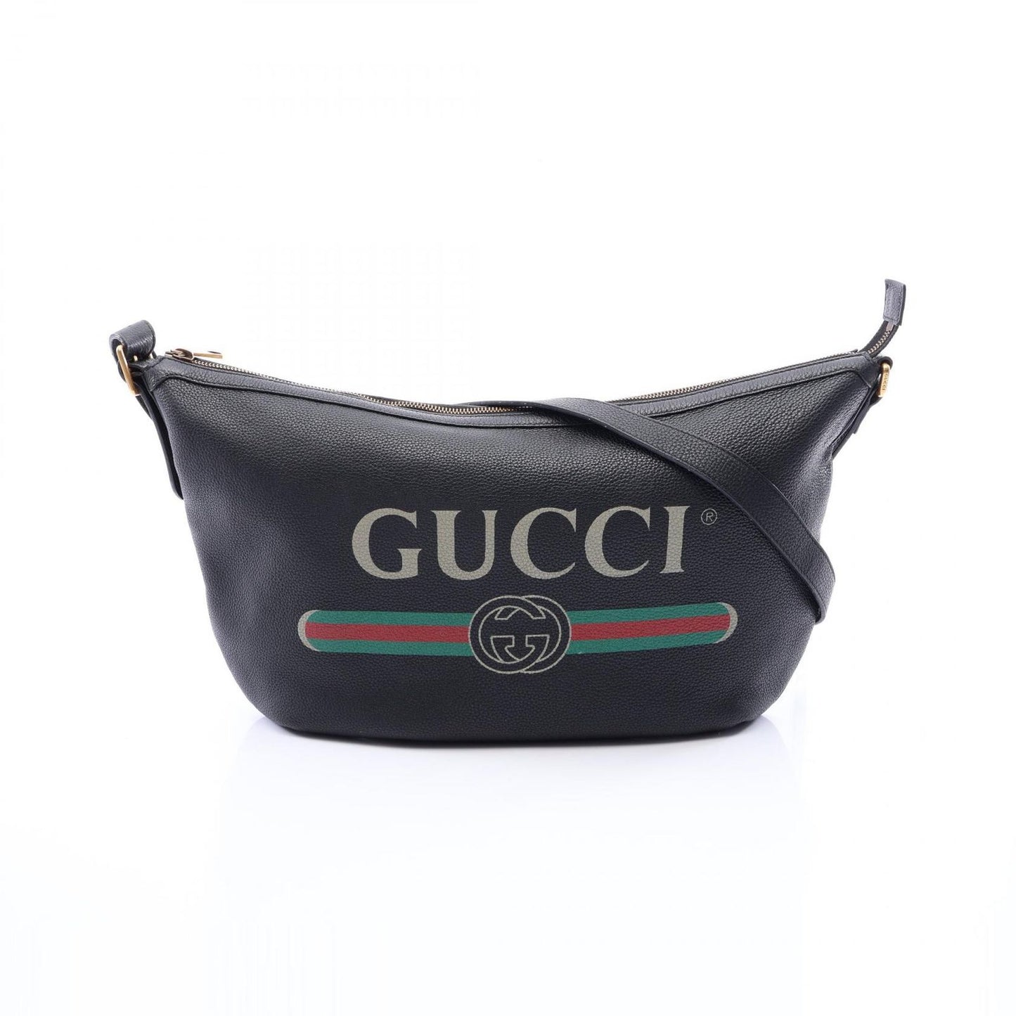 Gucci Shoulder Bag Half Moon Hobo Vintage Logo Black Leather Print