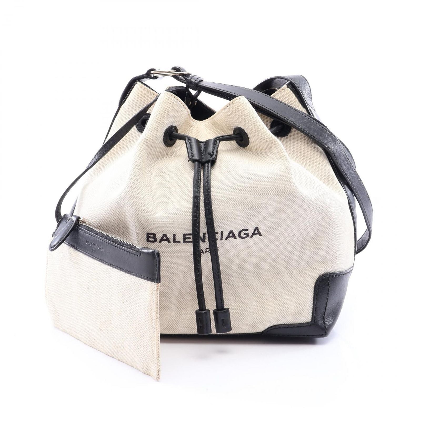 Balenciaga Shoulder Bag Navy Bucket Natural Black Canvas Leather
