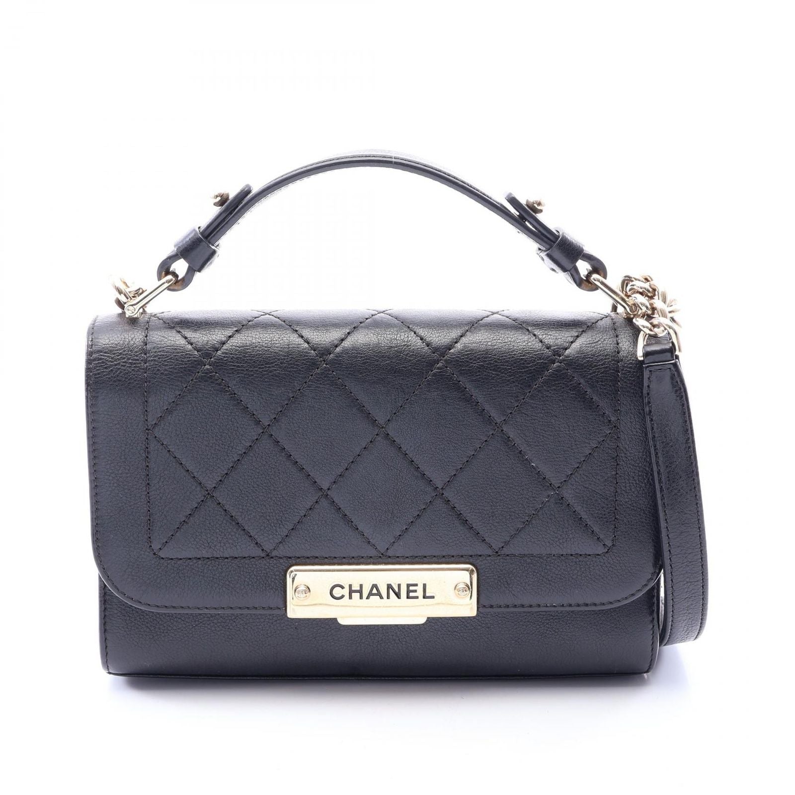 Chanel Shoulder Bag Quilted Quick Label 2-Way Black Caviar Leather Chain