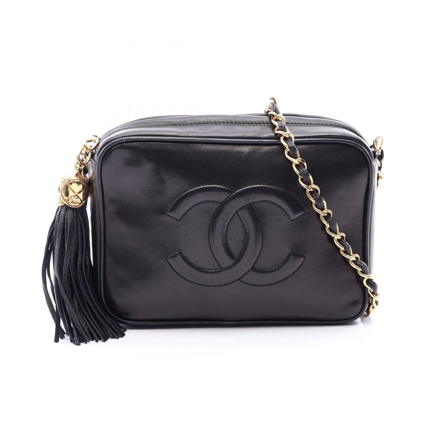Chanel Shoulder Bag CC Logo Black Lambskin Fringe Chain