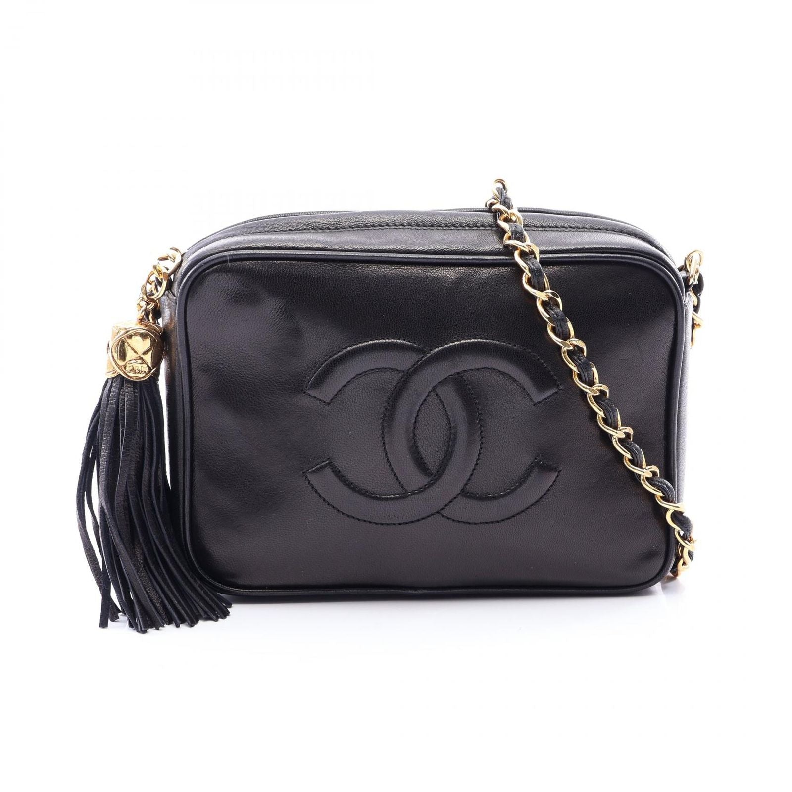 Chanel Shoulder Bag CC Logo Black Lambskin Fringe Chain