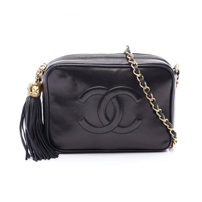 Chanel Shoulder Bag CC Logo Black Lambskin Fringe Chain