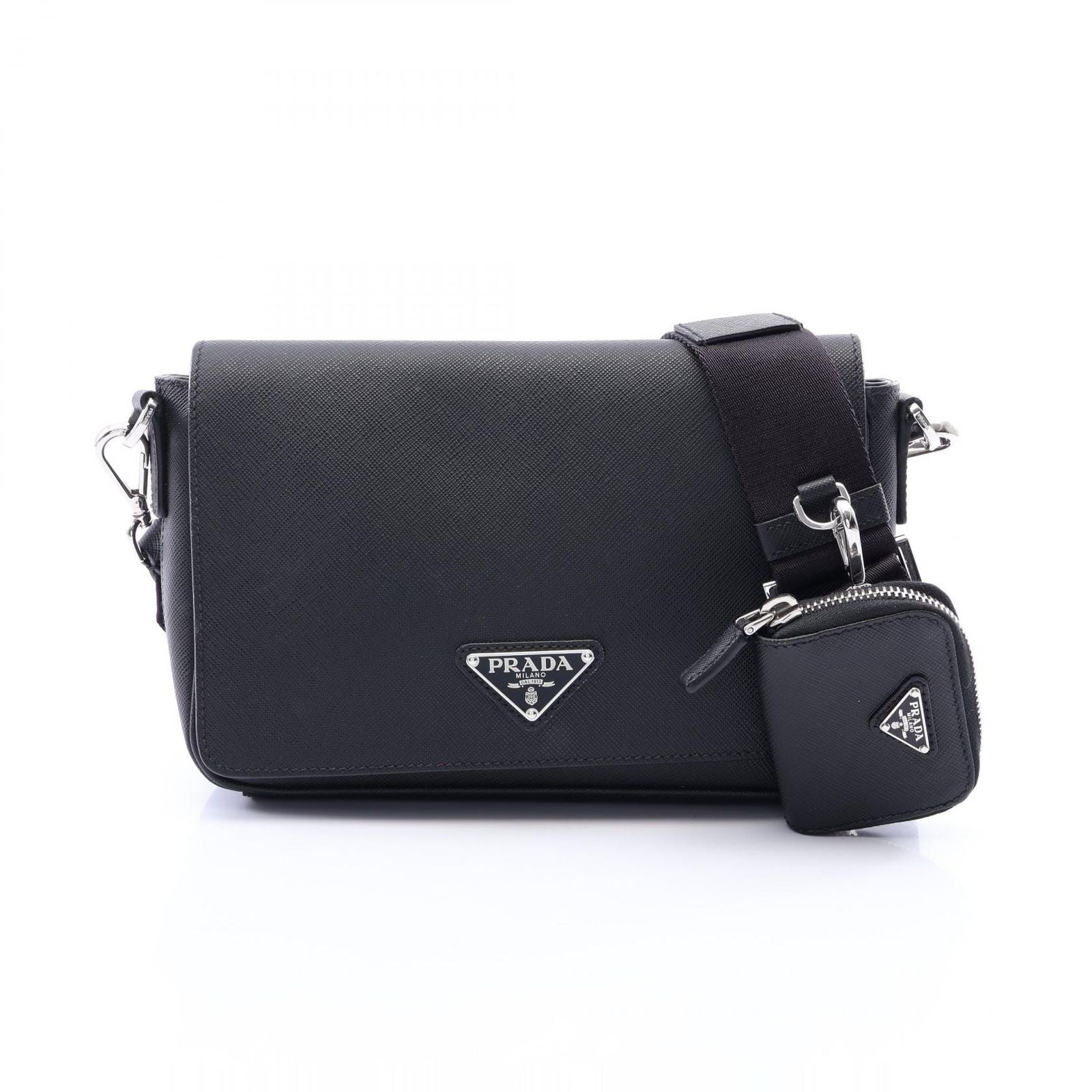 Prada Shoulder Bag Triangle Logo Black Saffiano Leather