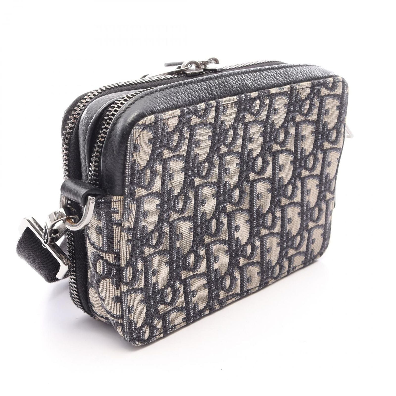 Dior Shoulder Bag Strap Zip Pouch Oblique Ivory Navy Black Canvas Leather — view 2