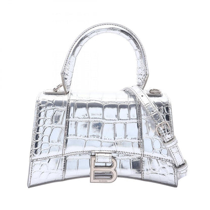 Balenciaga Handbag Hourglass XS Croco Embossed 2-Way Silver Leather