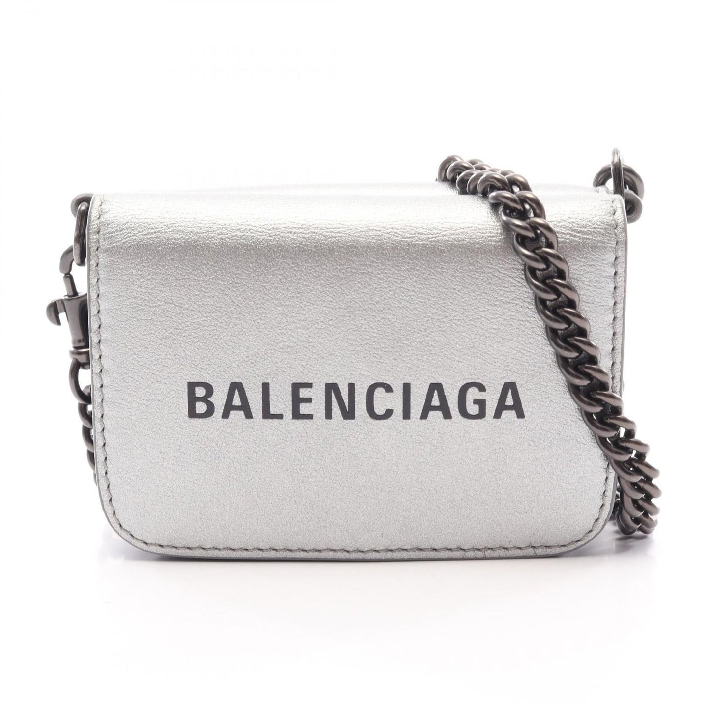 Balenciaga Trifold Wallet Cash Mini Chain Grained Silver Black Leather