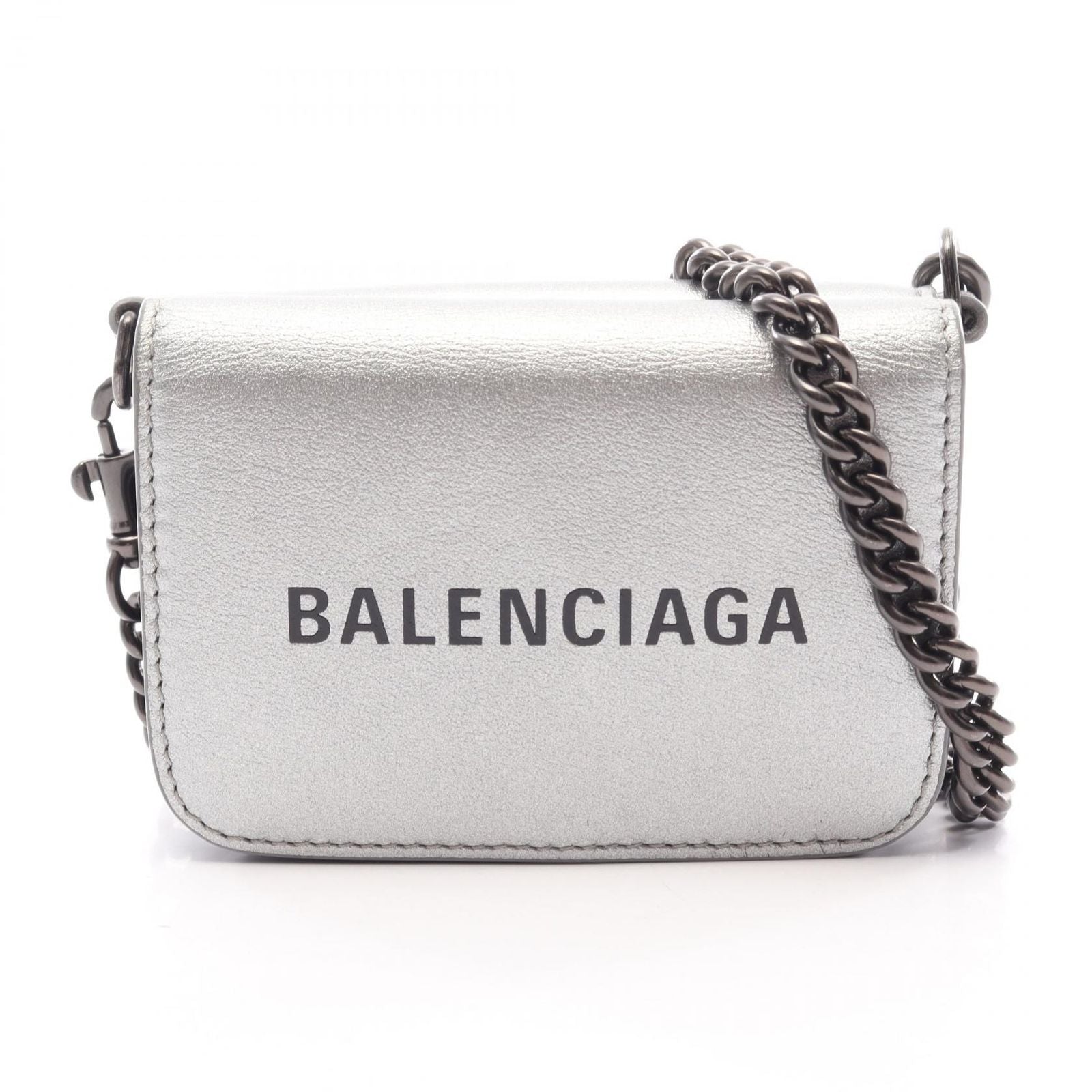Balenciaga Trifold Wallet Cash Mini Chain Grained Silver Black Leather