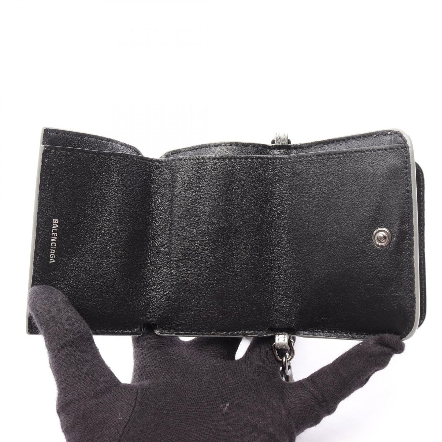 Balenciaga Trifold Wallet Cash Mini Chain Grained Silver Black Leather — view 3