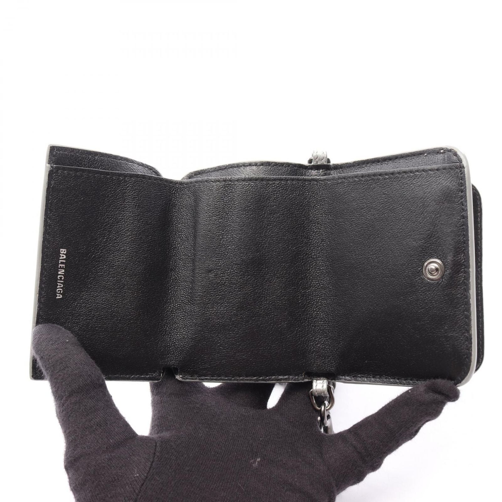 Balenciaga Trifold Wallet Cash Mini Chain Grained Silver Black Leather — view 3