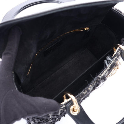 Dior Handbag Lady Dior Black White Fabric Leather 2-Way Tote Medium — view 3