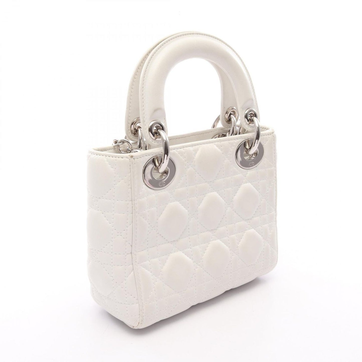 Dior Handbag Lady Dior Mini Cannage 2-Way White Leather Tote — view 2