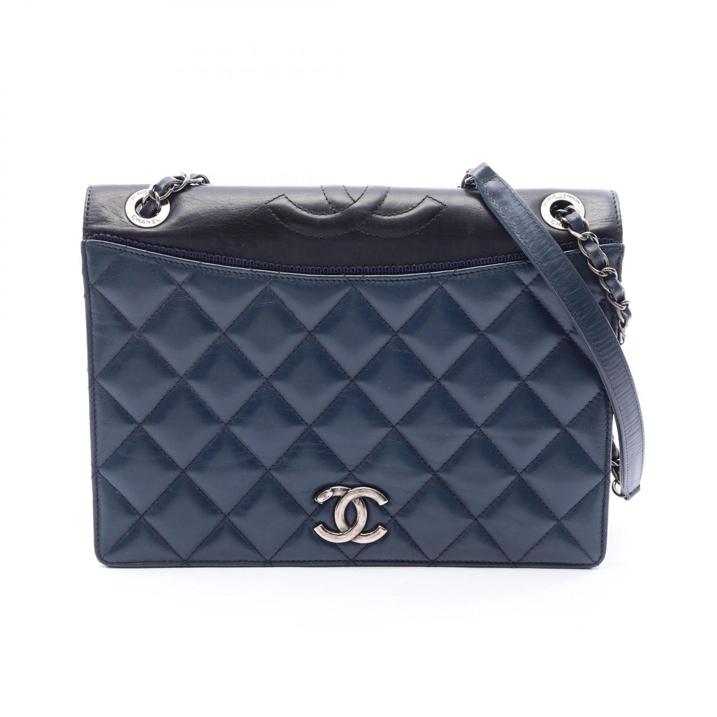 Chanel Shoulder Bag Quilted Navy Black Leather Chain
