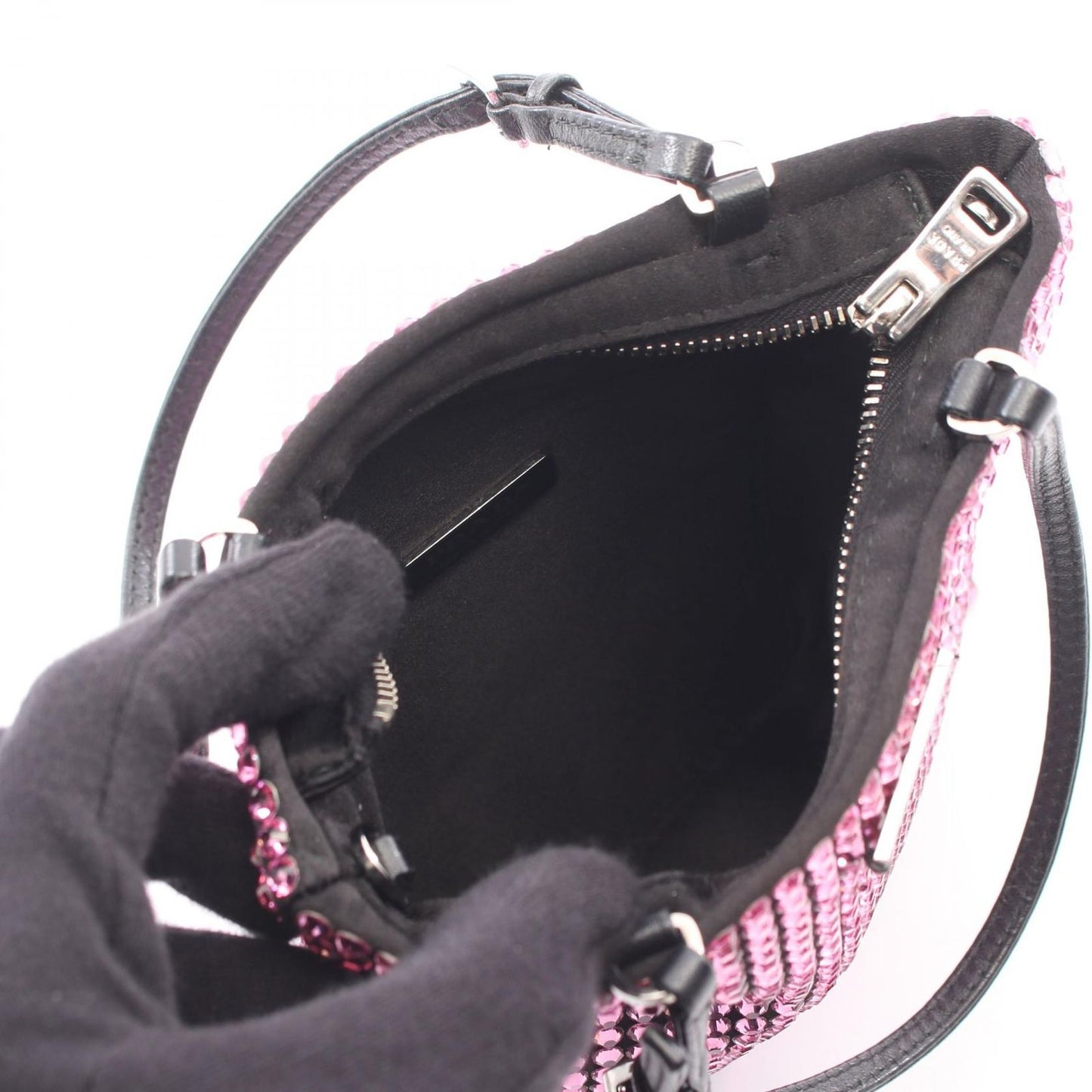Prada Handbag Triangle Logo Crystal 2-Way Pink Fabric Leather — view 3
