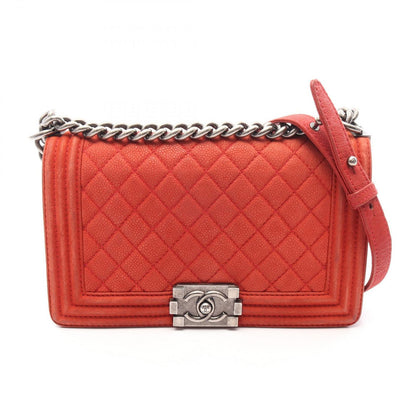 Chanel Shoulder Bag Boy Orange Caviar Leather Chain