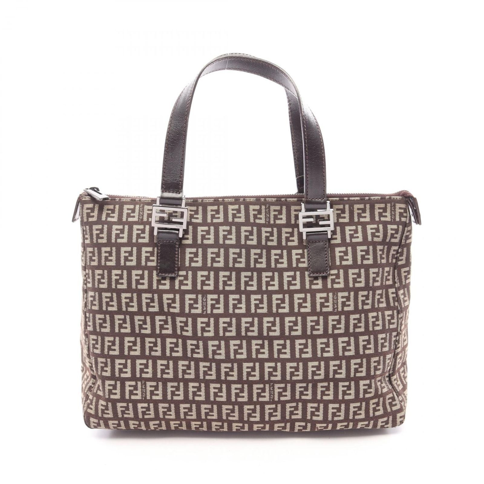 Fendi Handbag Zucchino Dark Brown Beige Canvas Leather