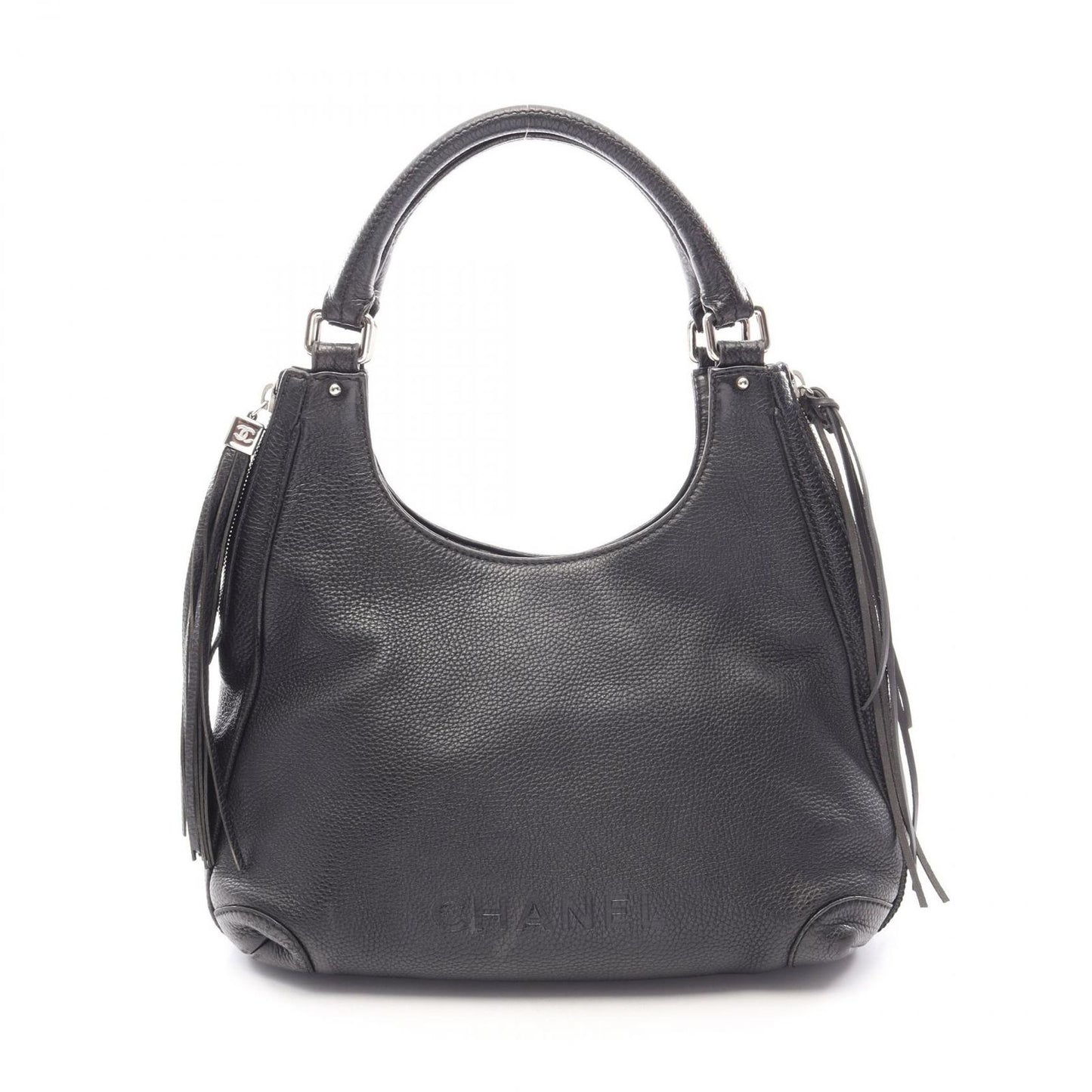 Chanel Handbag Logo Black Leather Fringe Handle Bag