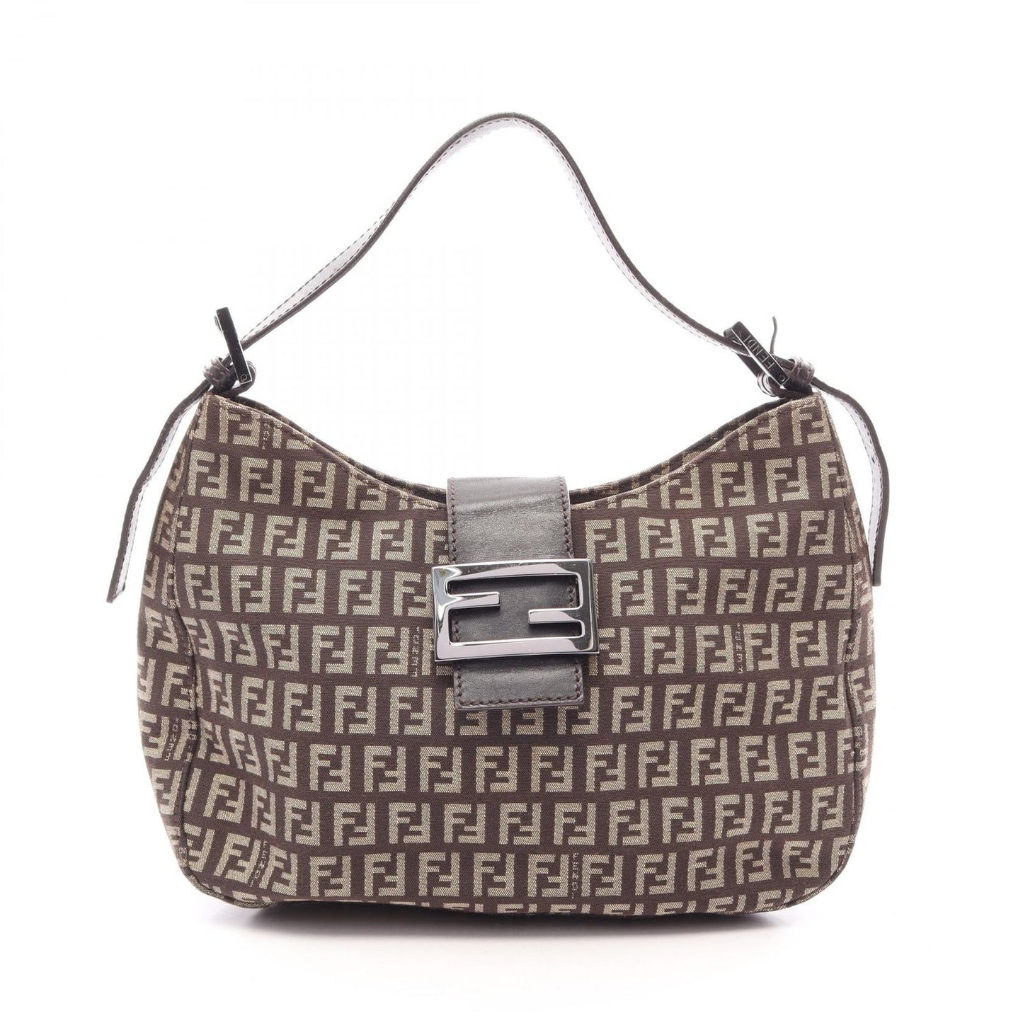 Fendi Shoulder Bag Zucchino Dark Brown Beige Canvas Leather