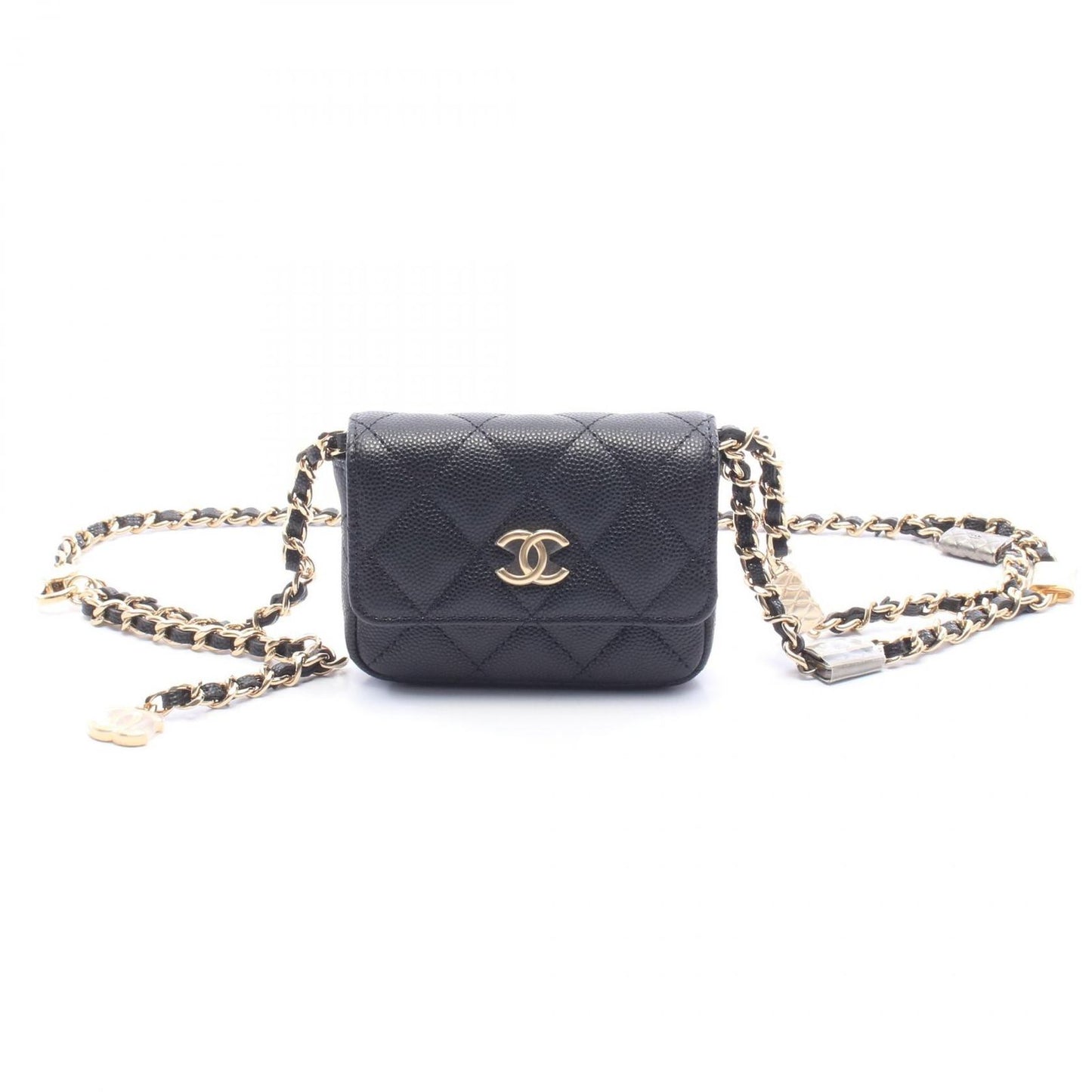 Chanel Waist Bag Quilted Chain Black Caviar Leather Mini Flap Card Case