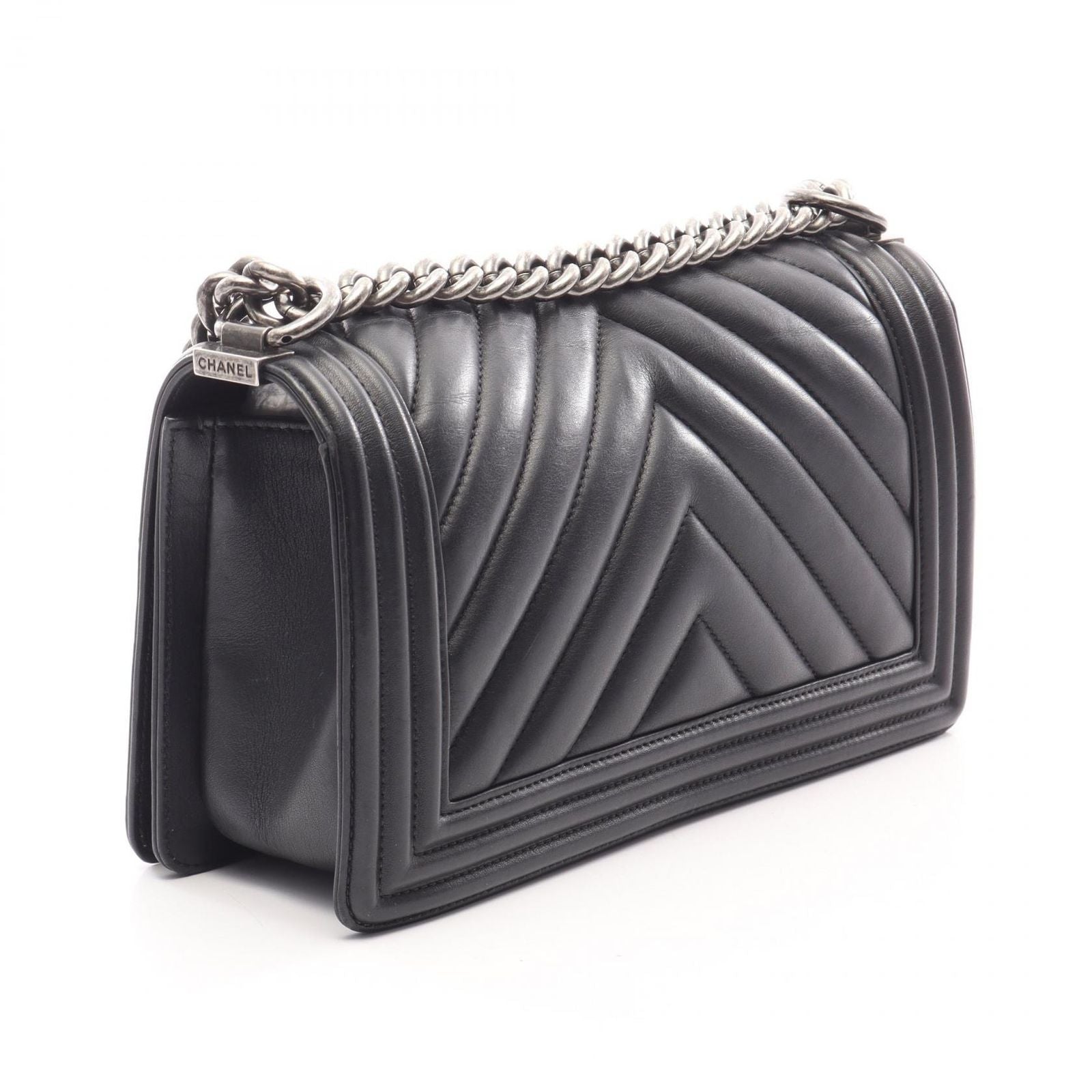 Chanel Shoulder Bag Boy Antique Silver Black Lambskin Chevron V-stitch Chain — view 2
