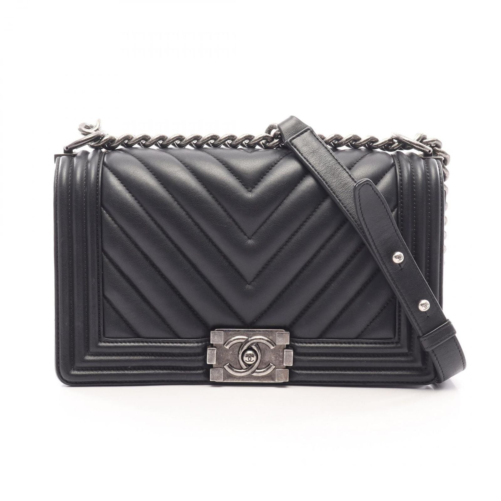 Chanel Shoulder Bag Boy Antique Silver Black Lambskin Chevron V-stitch Chain