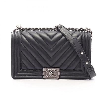 Chanel Shoulder Bag Boy Antique Silver Black Lambskin Chevron V-stitch Chain