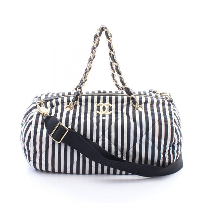Chanel CC Logo Bowling Bag Stripe 2-Way Black White Nylon Leather Large