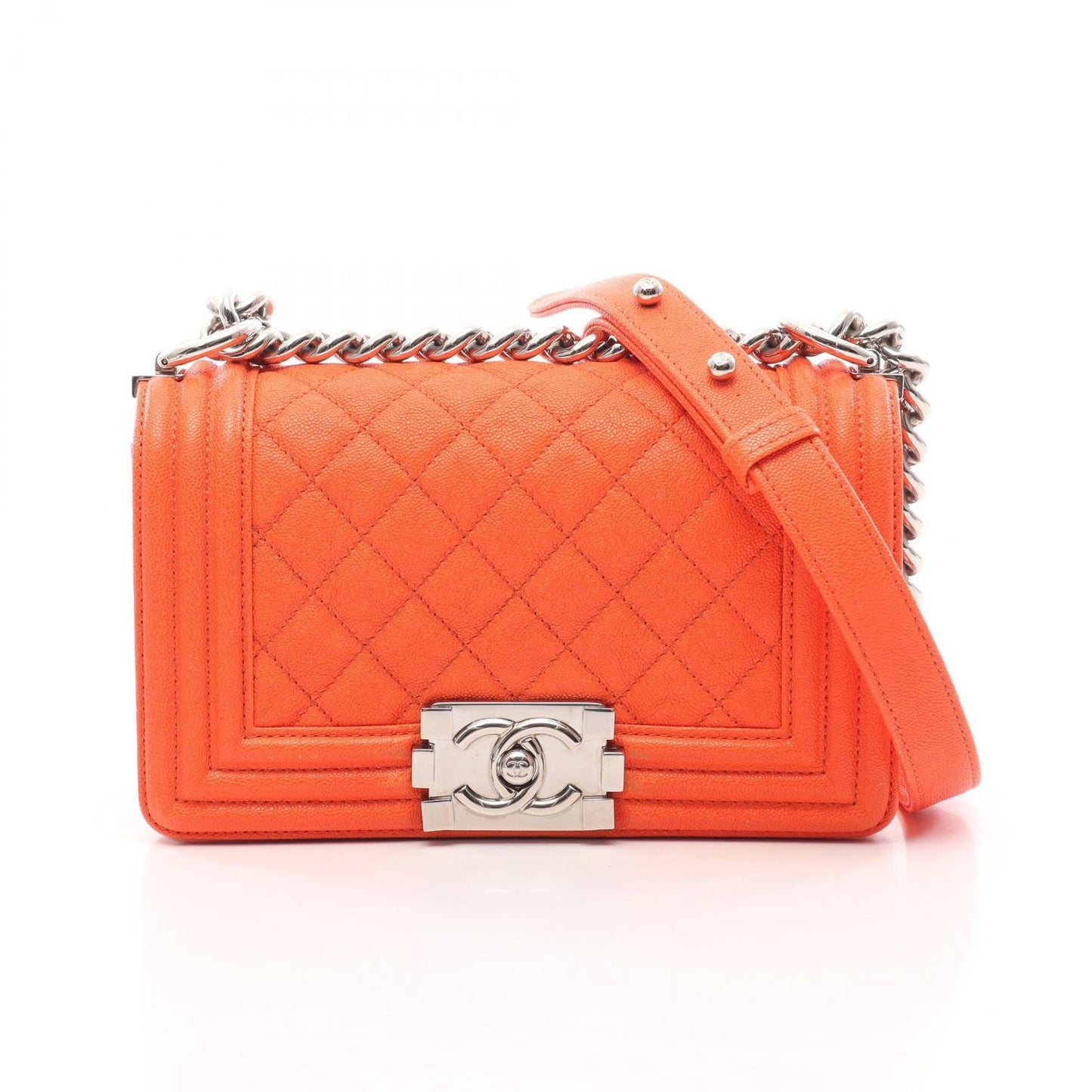 Chanel Shoulder Bag Boy Small Orange Caviar Leather Chain