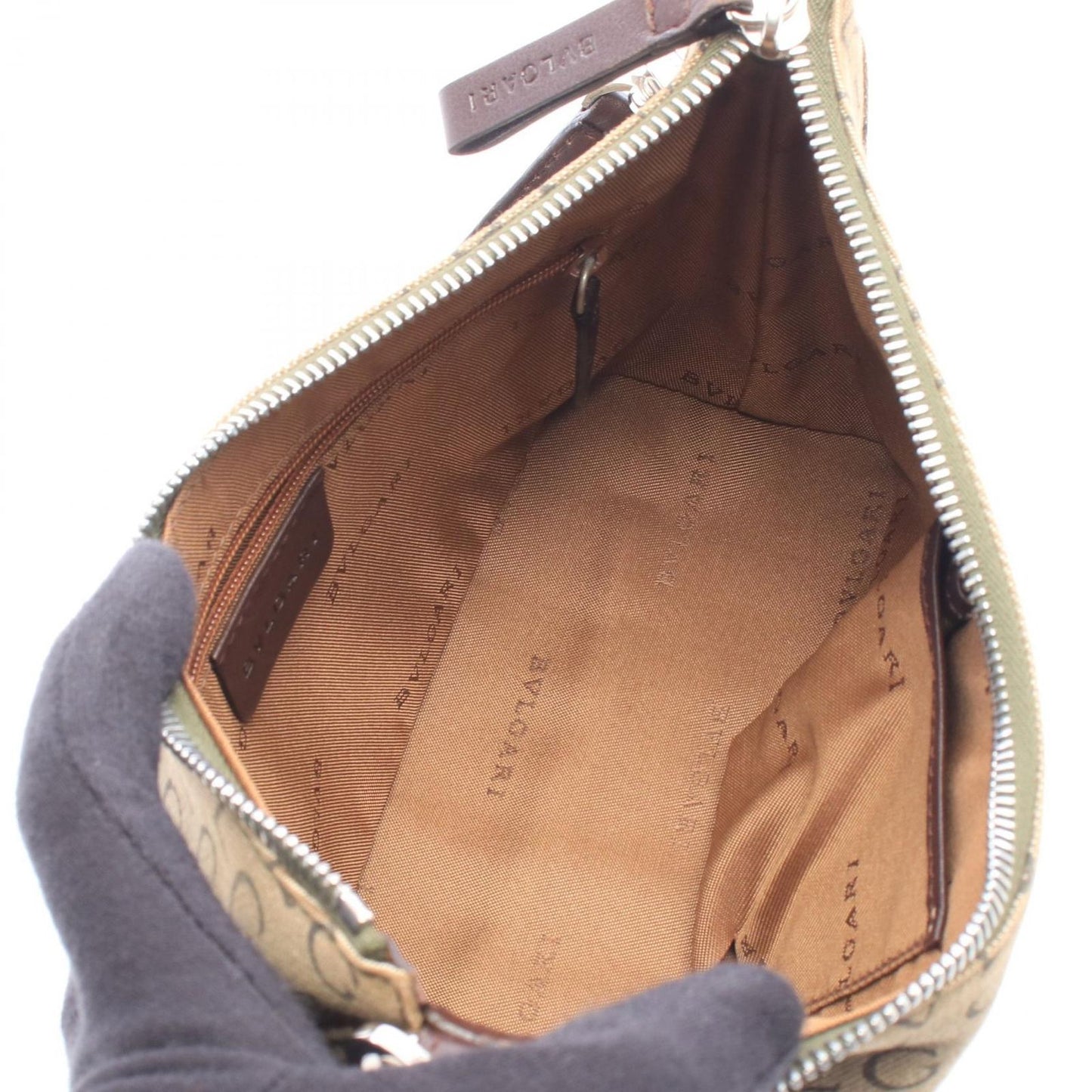 Bvlgari Shoulder Bag Logomania Khaki Brown Canvas Leather — view 3