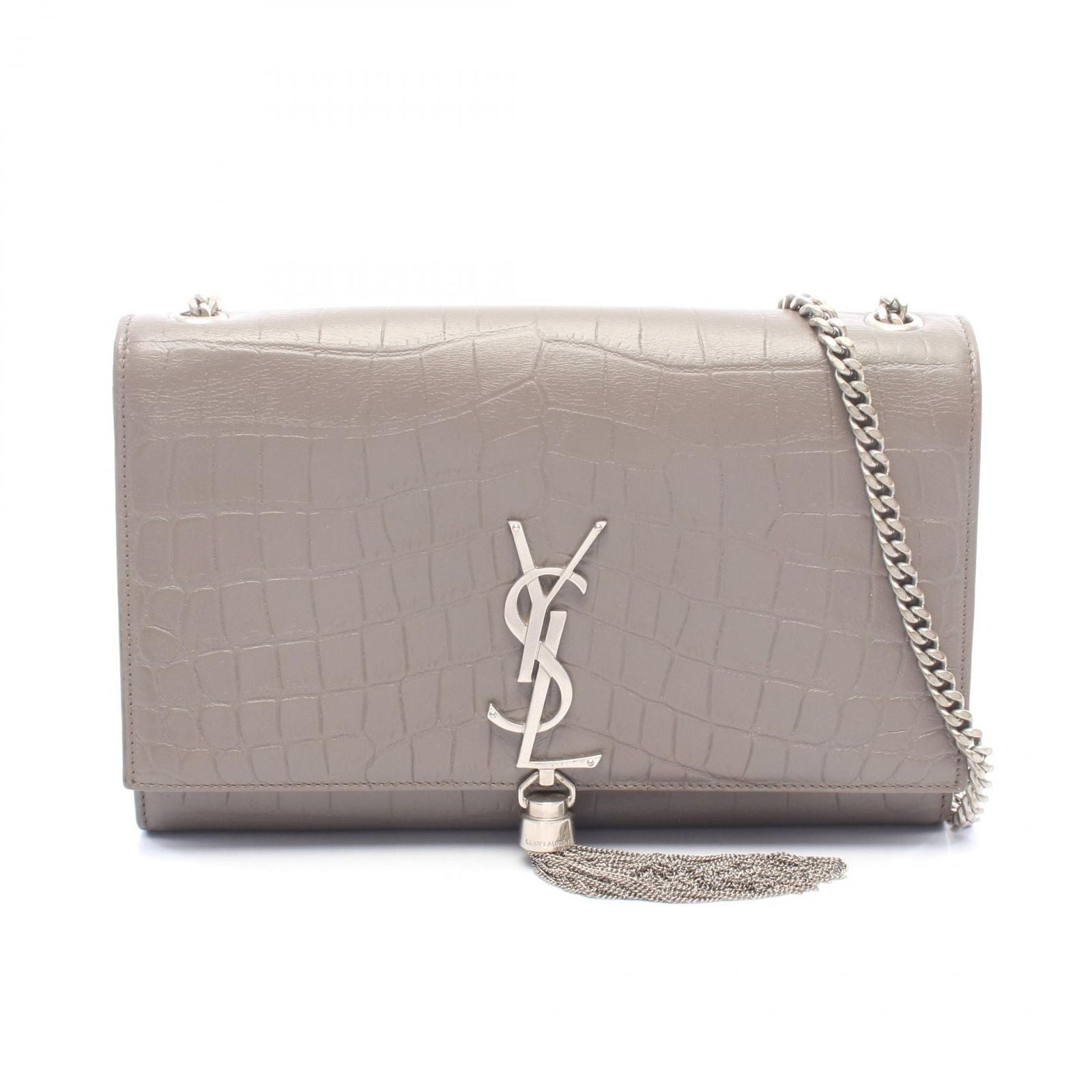Saint Laurent Paris Shoulder Bag Kate Monogram Croco Embossed Gray Leather