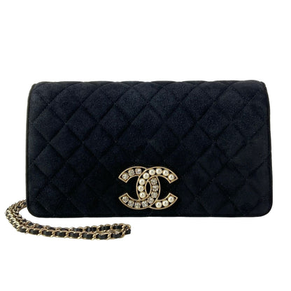 Chanel Shoulder Bag Quilted Black Chain Gold Faux Pearl Bijou