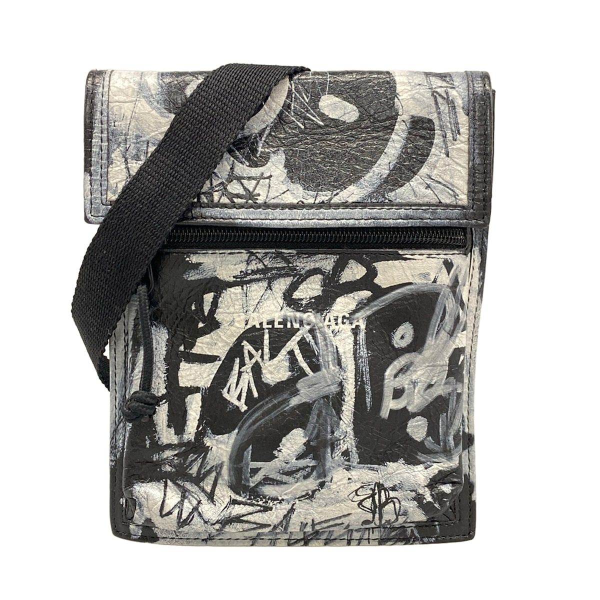 Balenciaga Shoulder Bag Explorer Black White Graffiti Leather