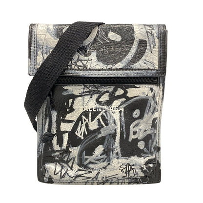 Balenciaga Shoulder Bag Explorer Black White Graffiti Leather